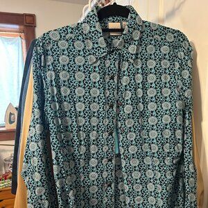 Turquoise and Black Geometric Print Snap Button Western Shirt